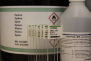 Xylene Resistant Microscope Slide Labels Displayed by Xylene Bottle
