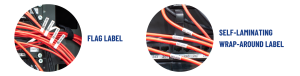 Graphic depicting a visual photographic example of both a flag label and a self-laminating wrap around label.